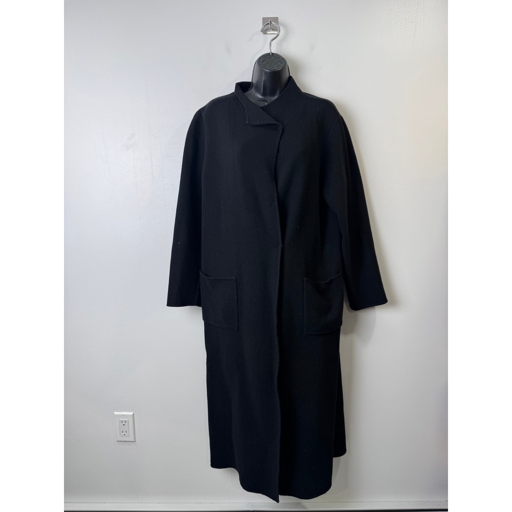 Eileen Fisher Women Black Wool Cashmere Felt Long Funnel Neck Coat Small